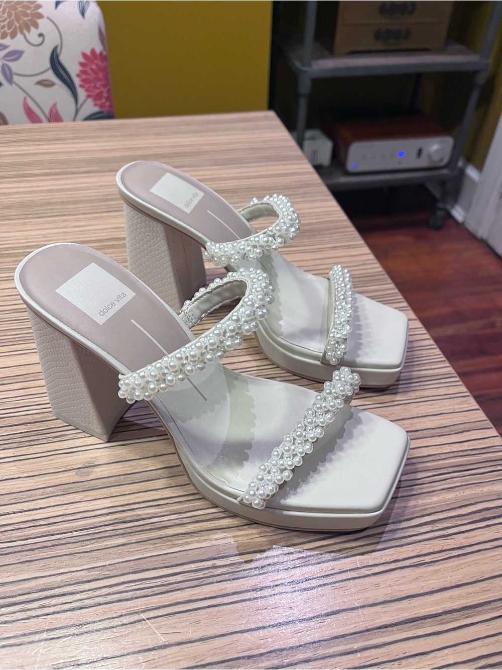 NWOT Dolce Vita Ivory Pearl-Strap Block Heel Sandals